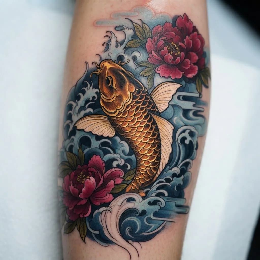 Finished color koi fish tattoo on an arm