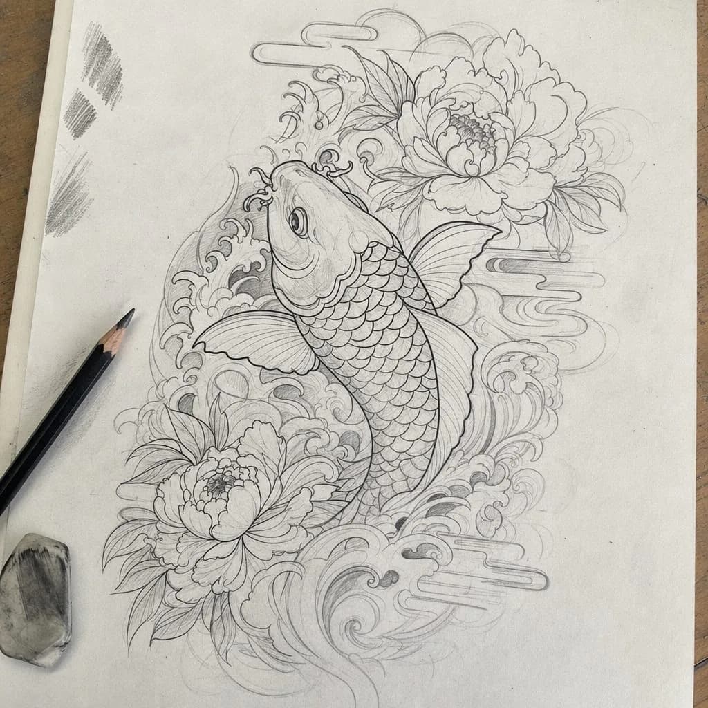 Pencil sketch of a koi fish tattoo design
